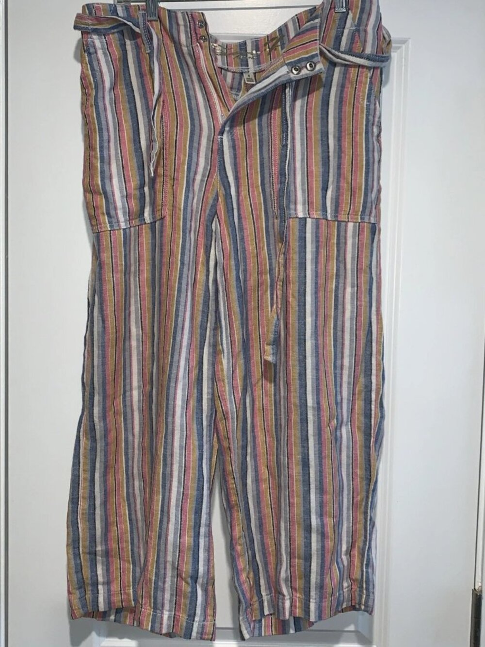 Seven7 Cropped Pants Womens 6 Multi Striped Linen Mid Rise Wide Leg Drawstring